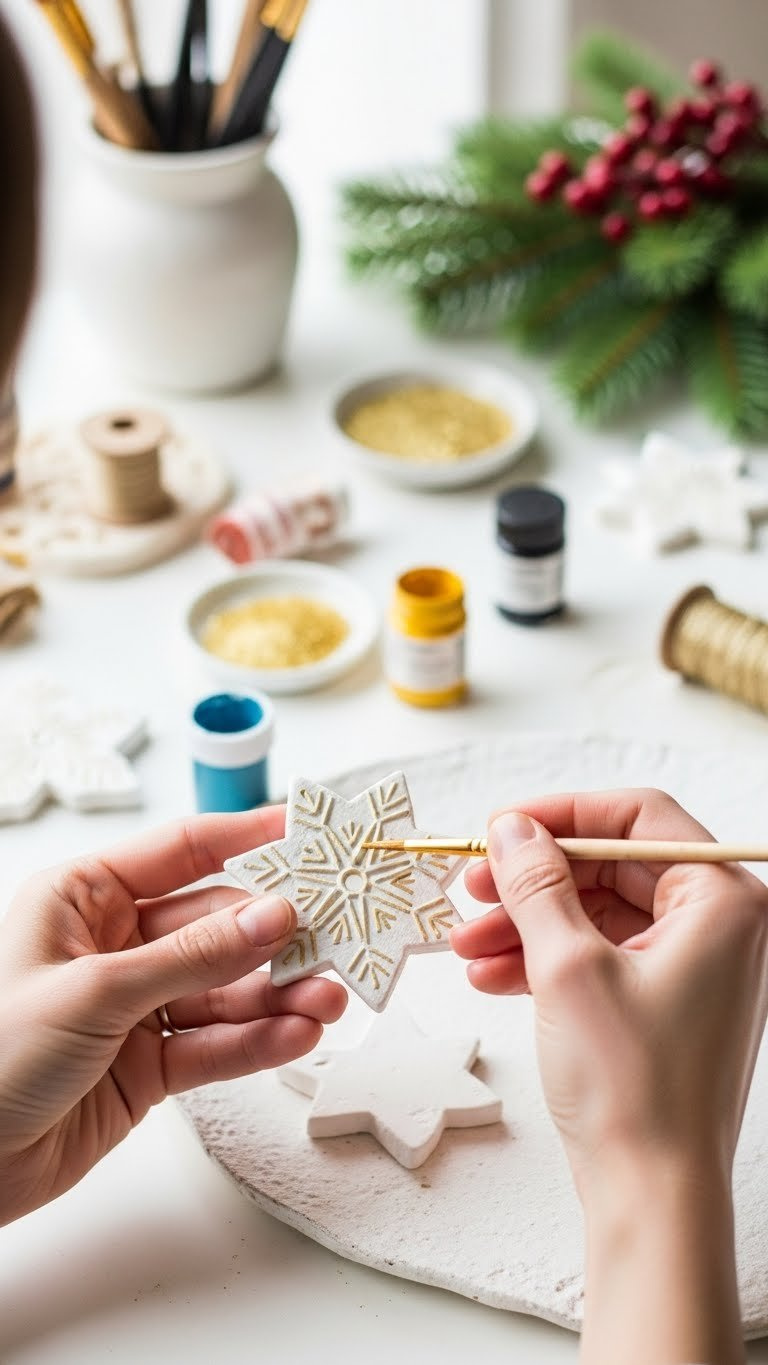 Close-Up Of Hands Painting Gold Details On White Baking Soda Ornament With Fine-Tipped Brush And Craft Supplies