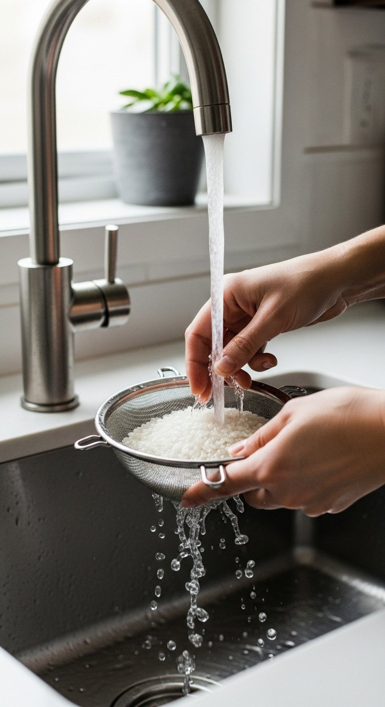 Close-Up Of Hands Rinsing White Rice In A Fine-Mesh Sieve Under A Stream Of Water From A Modern Kitchen Faucet.