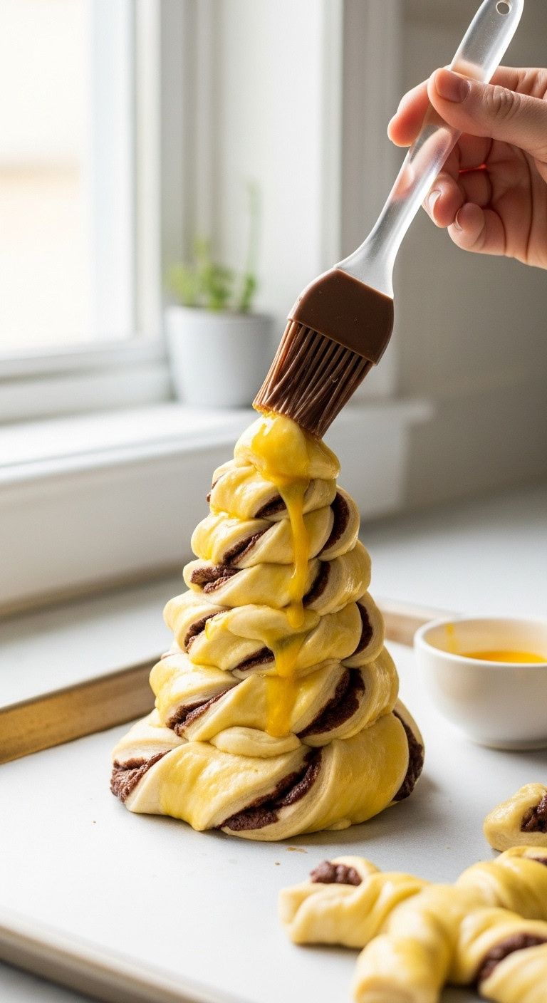 Close-Up Of Hands Twisting A Strip Of Nutella-Filled Puff Pastry To Form A Branch For A Christmas Tree Dessert Recipe.