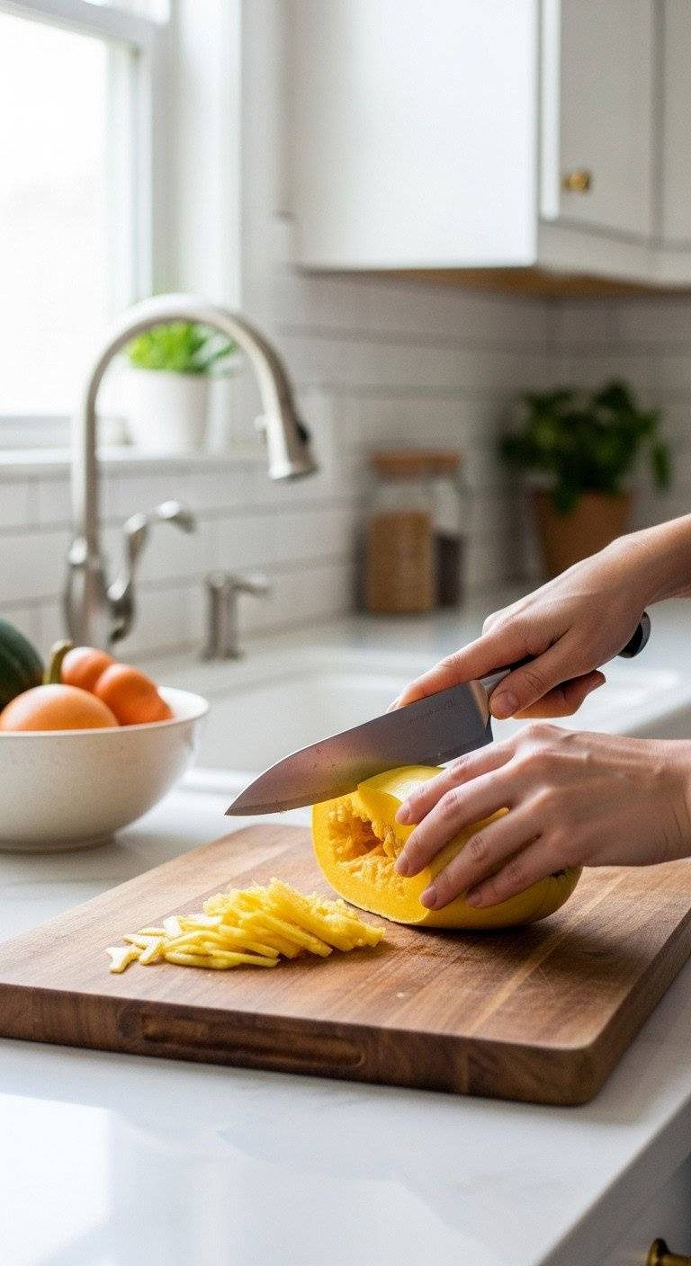 Close-Up Of Hands Using A Sharp Chef's Knife To Slice A Spaghetti Squash In Half On A Rustic Wooden Cutting Board.