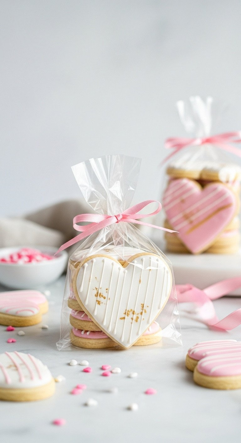 Close-Up Of Heart-Shaped Sugar Cookies With White And Pastel Pink Icing, Metallic Gold Accents, In A Cellophane Bag On A Marble Counter With Sprinkles.