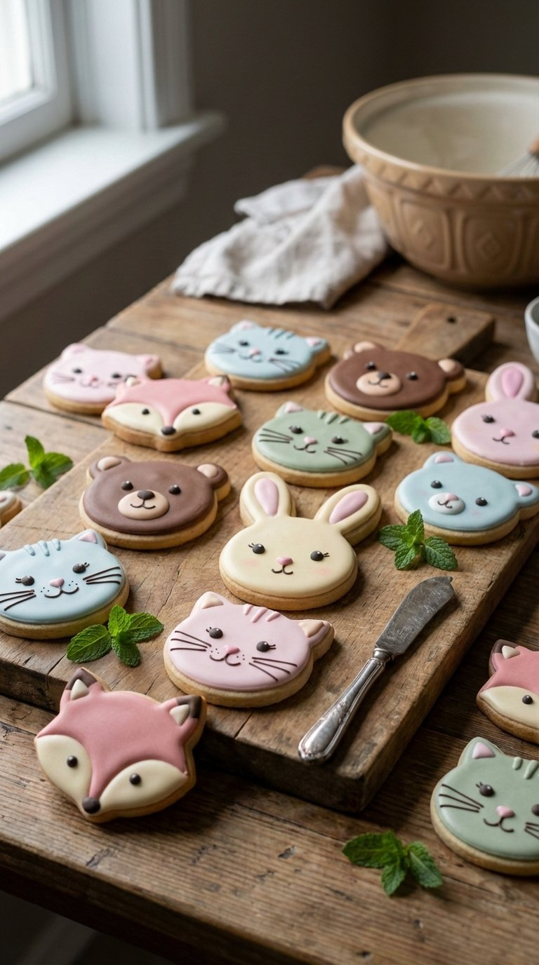Close-Up Of Intricately Decorated Animal Face Sugar Cookies With Royal Icing Details On Rustic Wooden Table With Soft Natural Lighting
