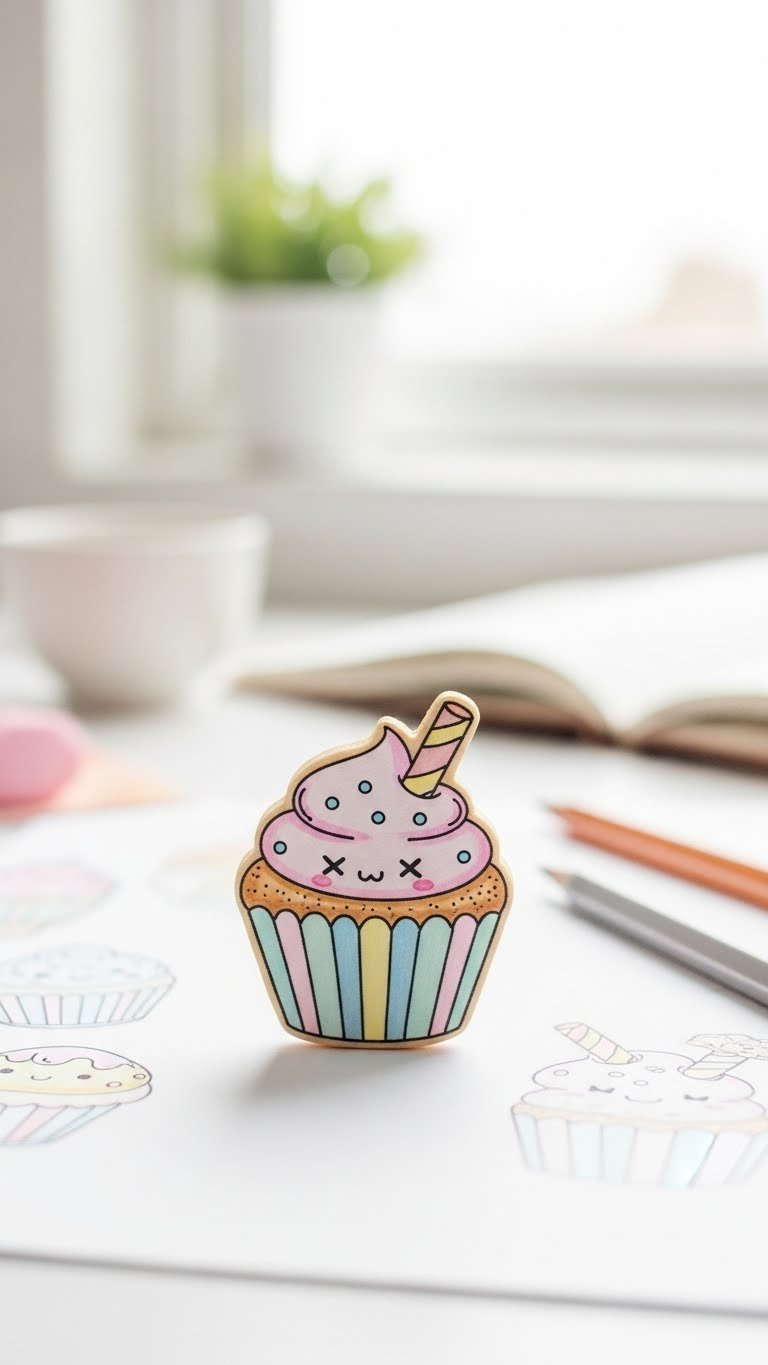 Close-Up Of Kawaii Cupcake Doodle With Subtle Shading On Clean White Background, Featuring Soft Pastel Colors And Drawing Pens In Blurred Background