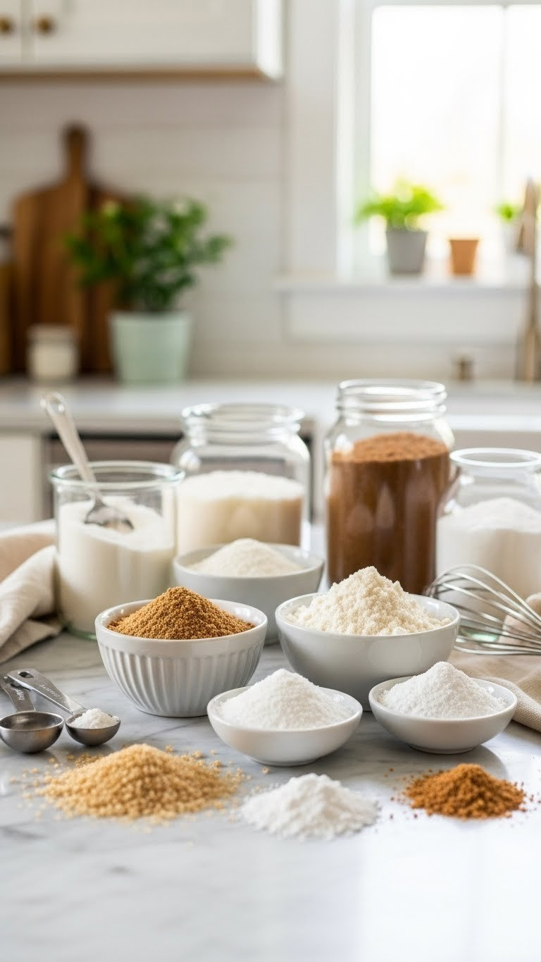 Close-Up Of Keto Baking Ingredients Including Almond Flour, Coconut Flour, And Keto Sweeteners Arranged In Elegant Bowls On Marble Countertop