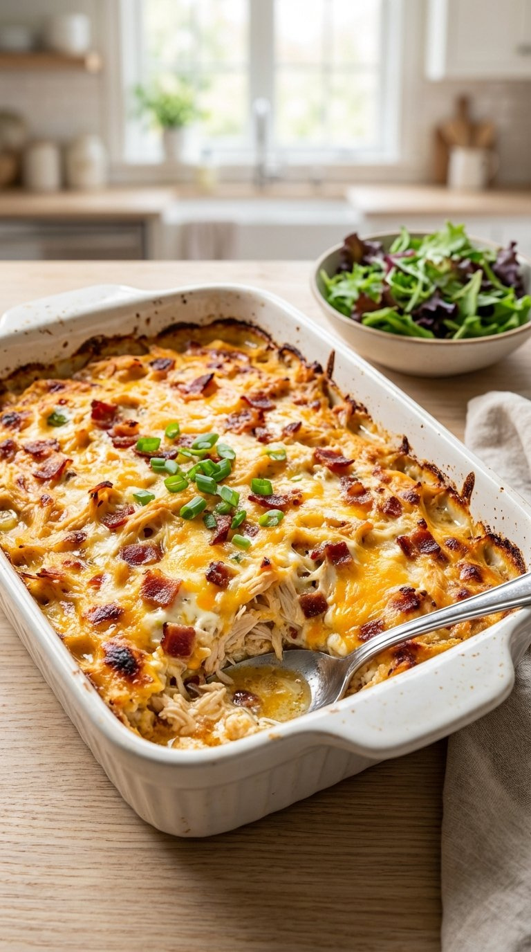 Close-Up Of Keto Crack Chicken Bake With Creamy Cheese Mixture And Crispy Bacon Bits In White Ceramic Dish