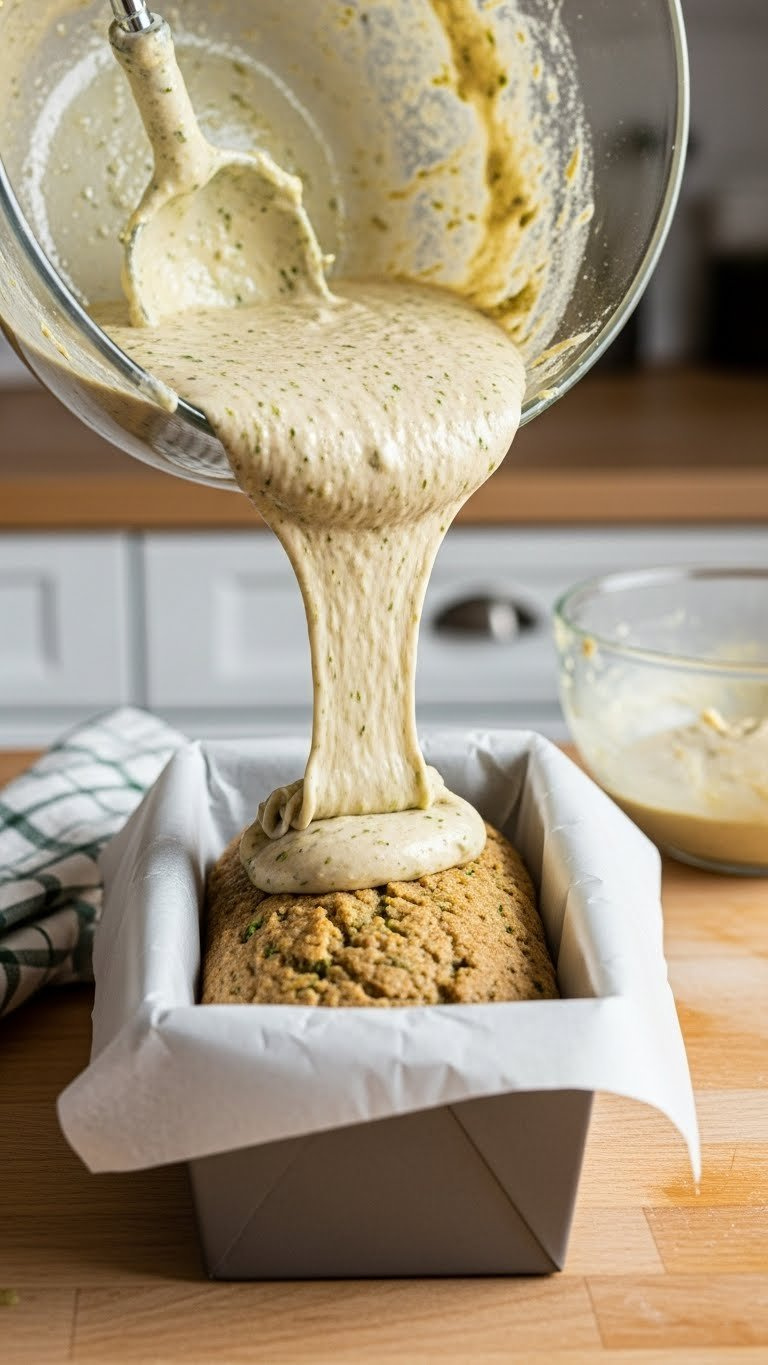 Close-Up Of Keto Zucchini Bread Batter Being Poured Into Parchment-Lined Metal Loaf Pan Ready For Baking