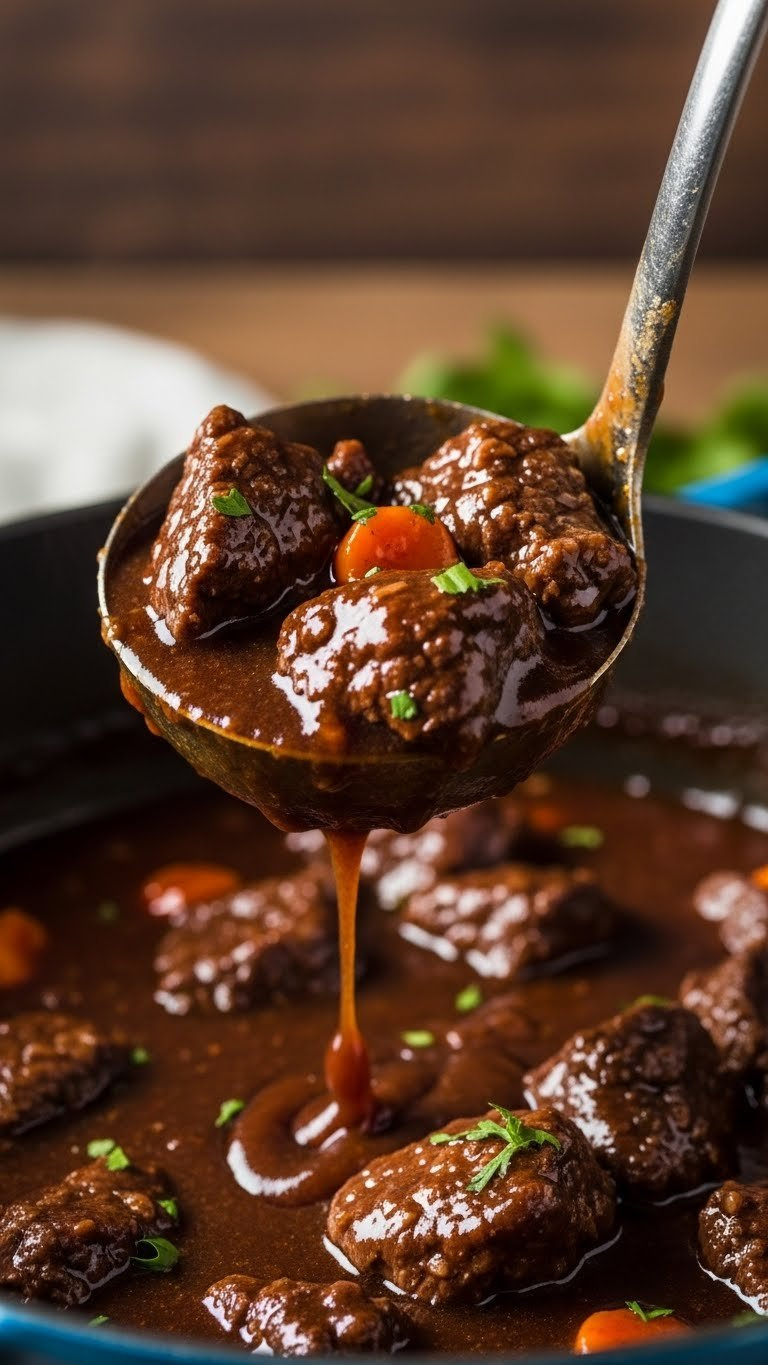 Close-Up Of Ladle Scooping Thick Venison Stew With Tender Meat Chunks And Glossy Gravy Dripping