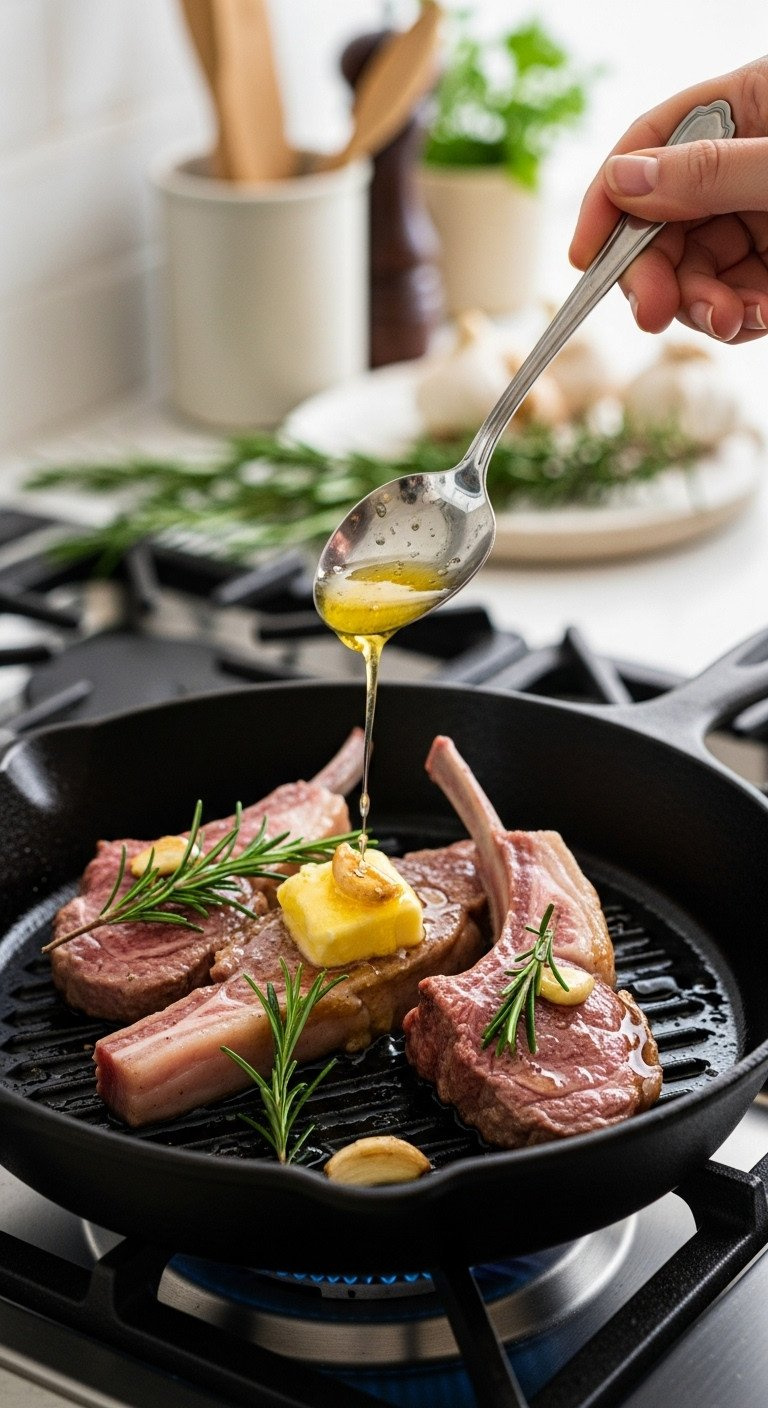 Close-Up Of Lamb Chops Being Basted With Foaming Butter, Garlic, And Rosemary From A Spoon In A Cast-Iron Skillet.