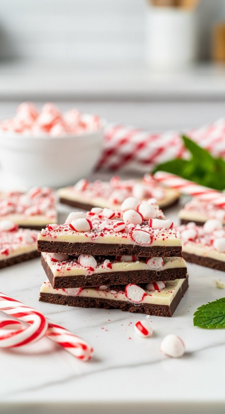 Close-Up Of Layered Nut-Free Chocolate Peppermint Bark Topped With Crushed Candy Canes On A White Marble Surface.