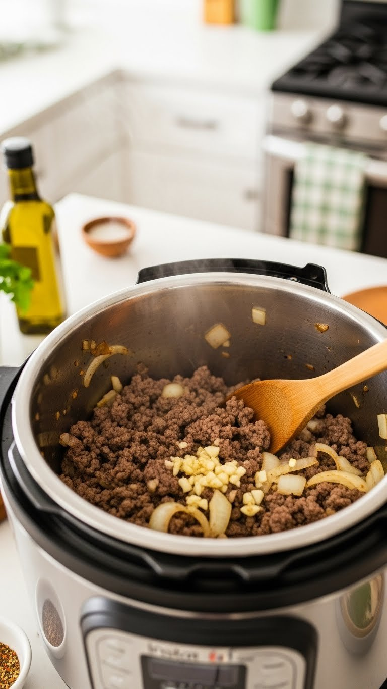 Close-Up Of Lean Ground Beef, Onions, And Garlic Browning In An Instant Pot, With Subtle Steam And A Wooden Spoon Nearby.