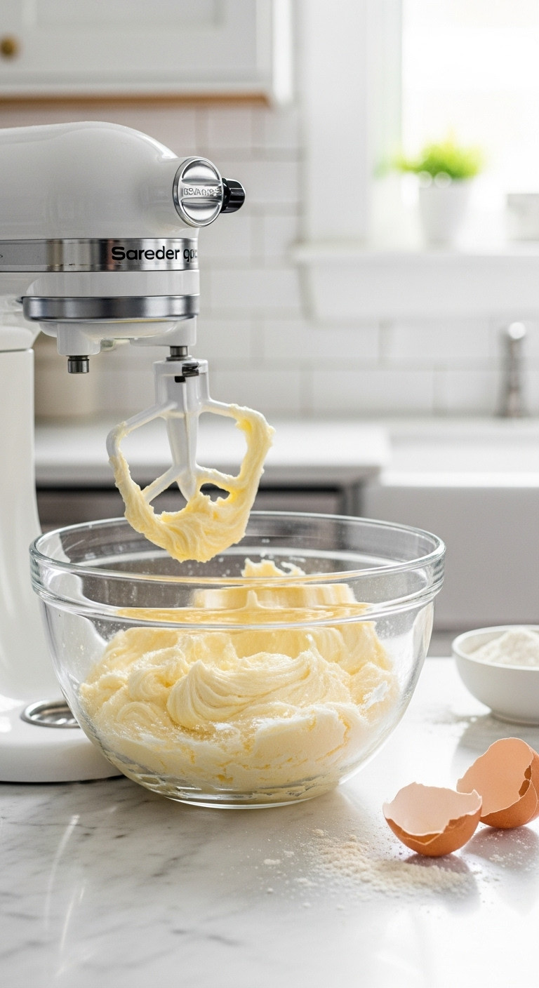 Close-Up Of Light, Fluffy, Pale-Yellow Creamed Butter And Sugar In A Stand Mixer Bowl On A Marble Counter With Flour.
