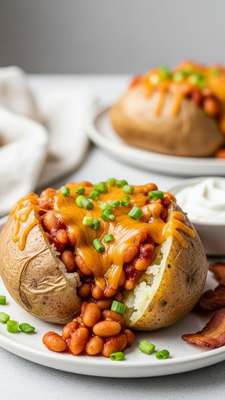 Close-Up Of Loaded Jacket Potato Overflowing With Baked Beans And Melted Cheddar Cheese Garnished With Fresh Chives On Ceramic Plate