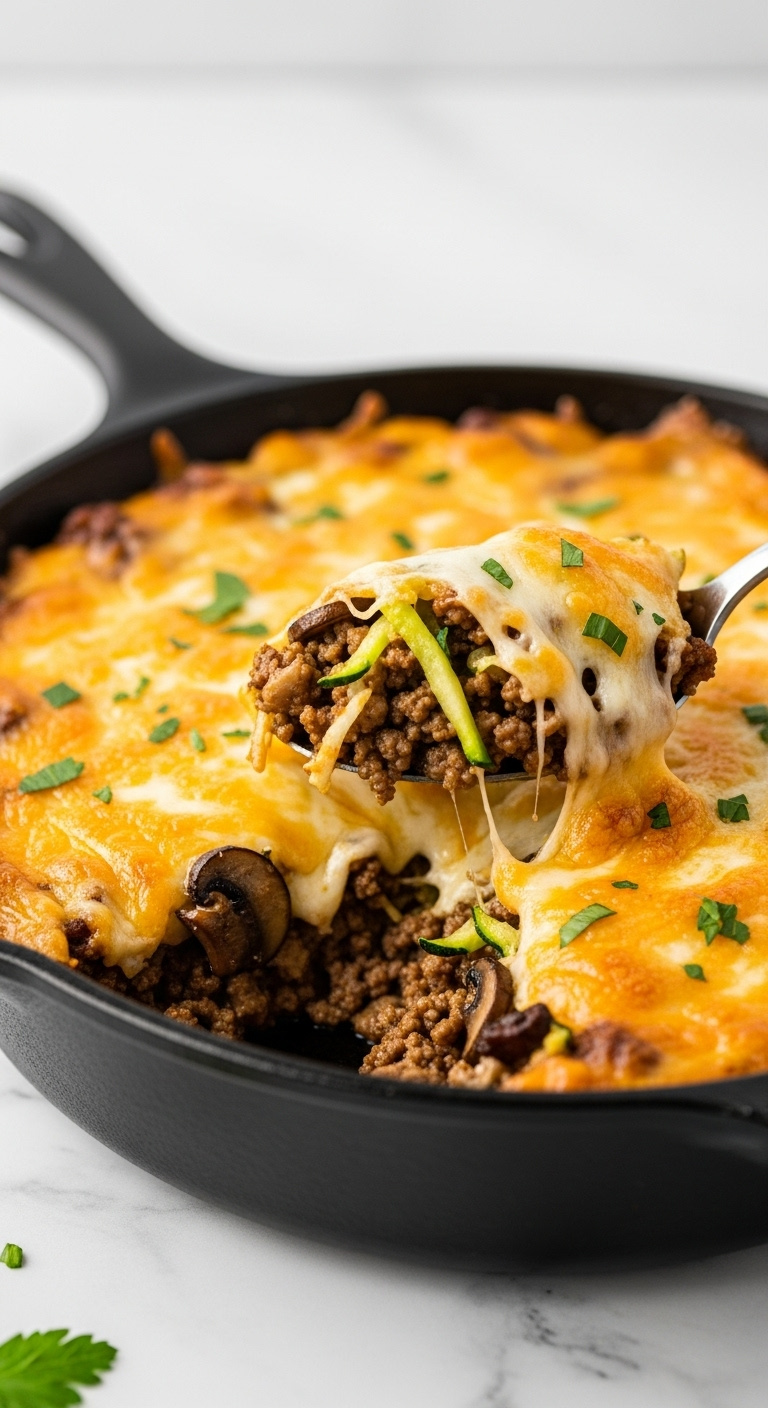 Close Up Of Low Carb Cheesy Ground Beef Zucchini Bake With Melted Cheese And Filling In Cast Iron Skillet On Marble Countertop With Parsley
