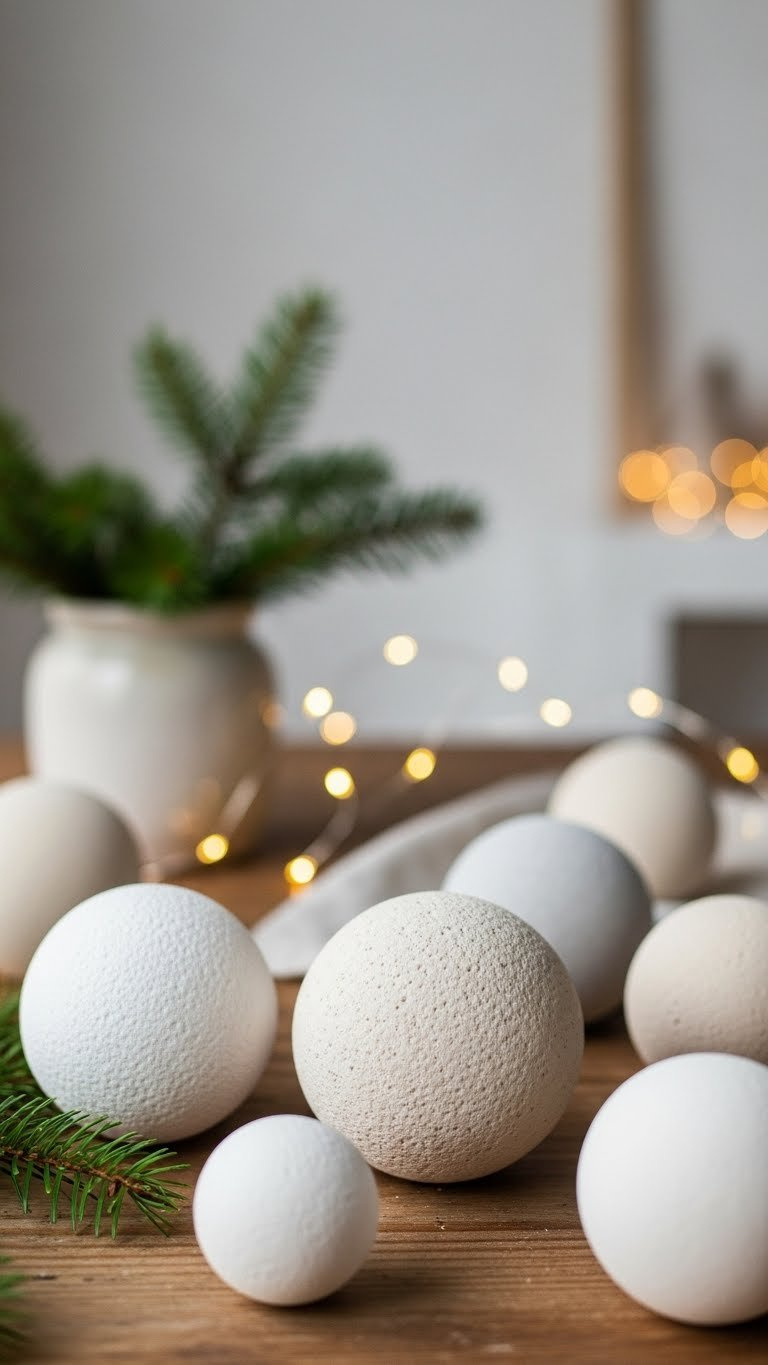 Close-Up Of Matte Finish Baking Soda Acrylic Paint Ornaments In Stone-Like Neutral Colors Displayed On Rustic Wood With Evergreen Sprigs And Soft Natural Lighting