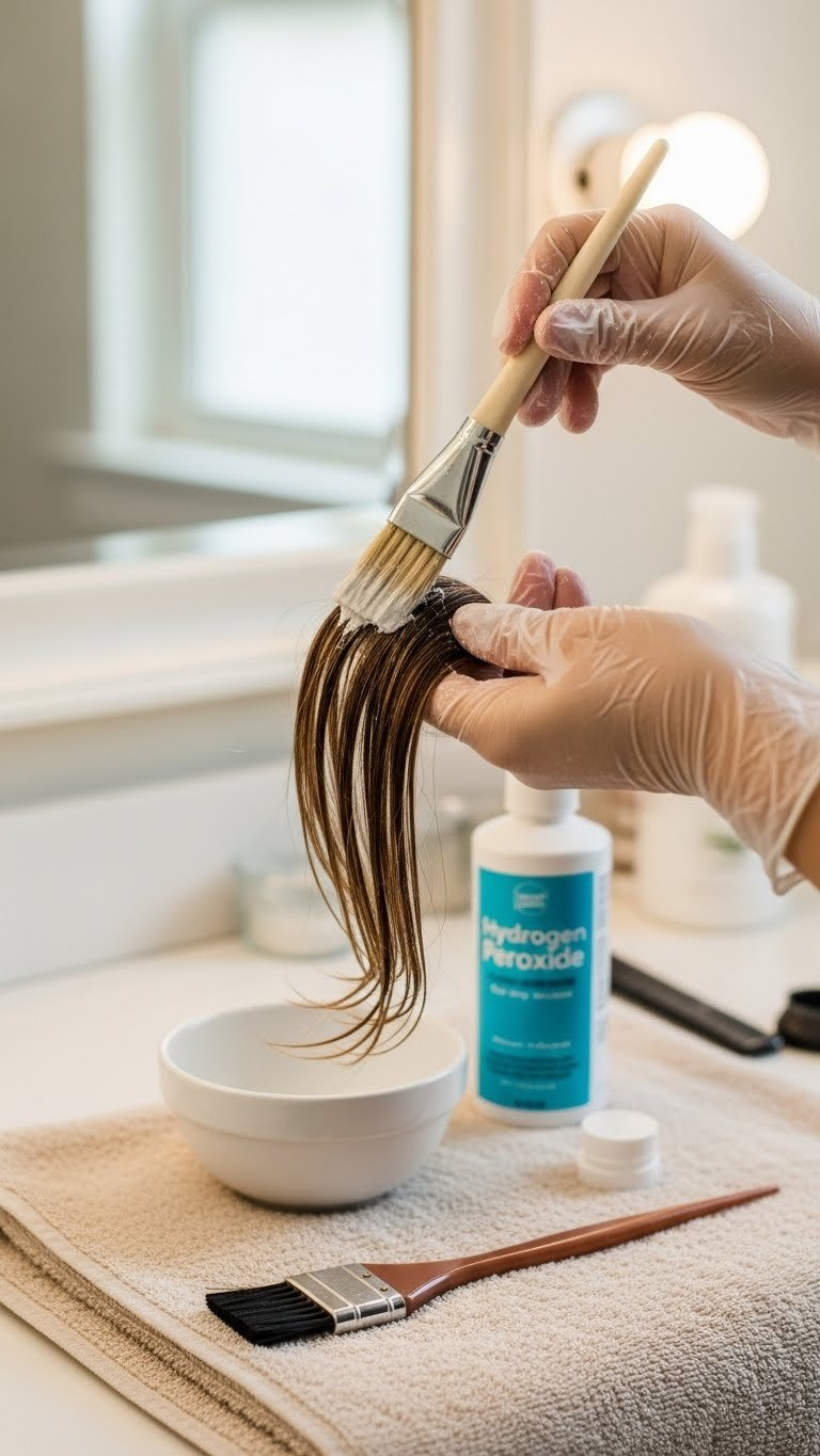 Close-Up Of Medium-Brown Hair Strand With Peroxide Baking Soda Highlight Being Applied With Brush