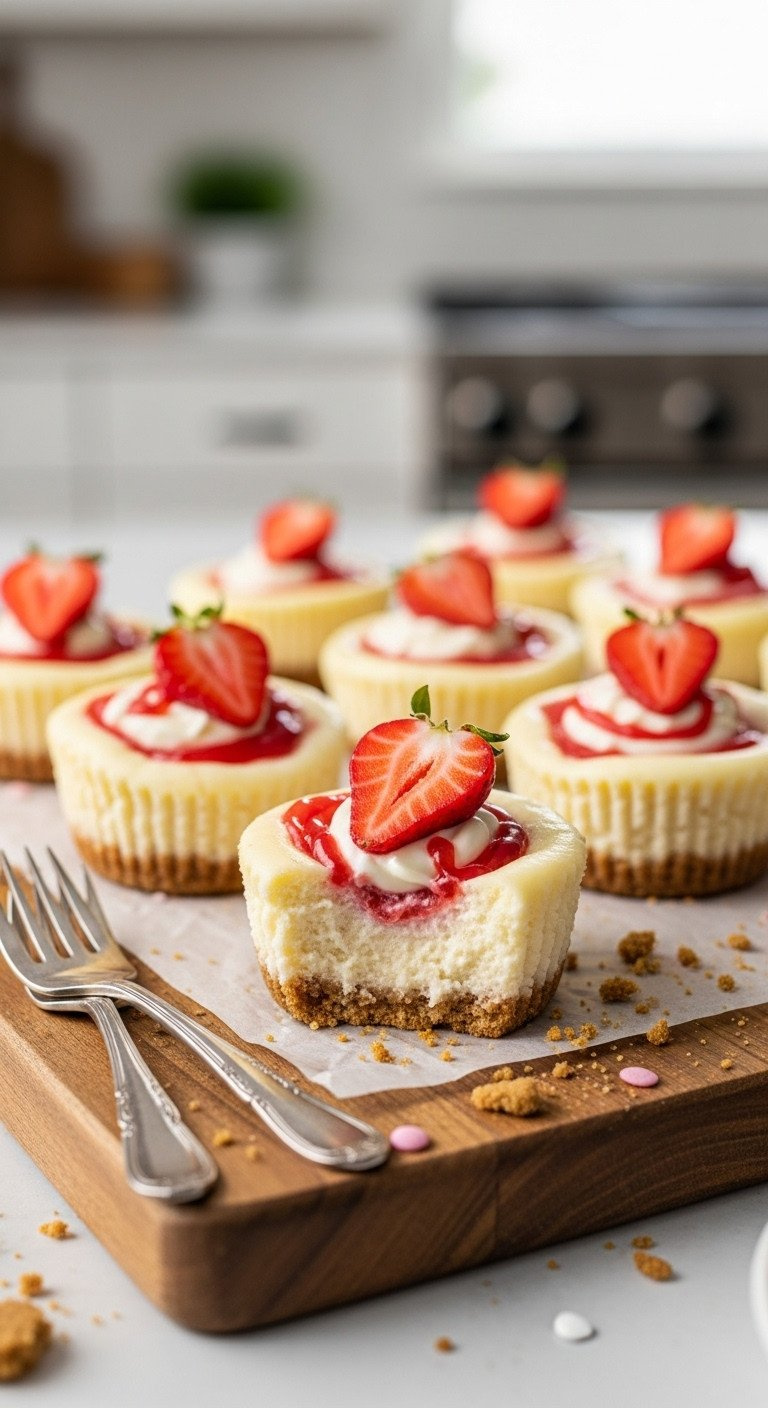 Close-Up Of Mini Baked Strawberry Cheesecake Bites Topped With Fresh Strawberry And Sprinkles, On A Rustic Wooden Board.