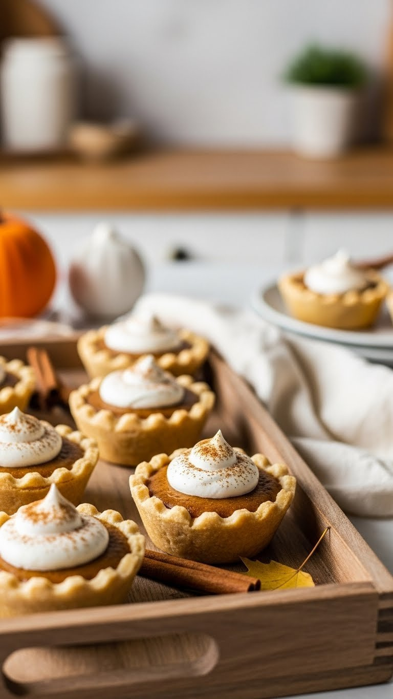 Close-Up Of Mini Pumpkin Pies With Crimped Crusts And Whipped Cream On Rustic Wooden Tray With Cinnamon Sticks