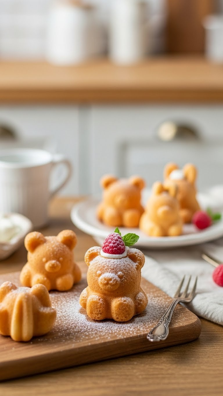 Close-Up Of Miniature Animal-Shaped Cakes With Powdered Sugar Dusting On Rustic Wooden Table With Vintage Fork And Linen Napkin