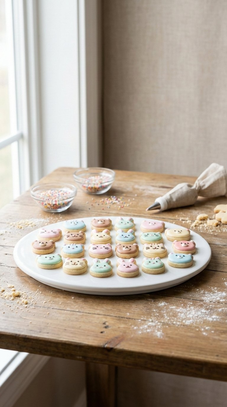 Close-Up Of Miniature Animal-Shaped Cookies With Royal Icing And Soft Pastel Colors On Rustic Wooden Table