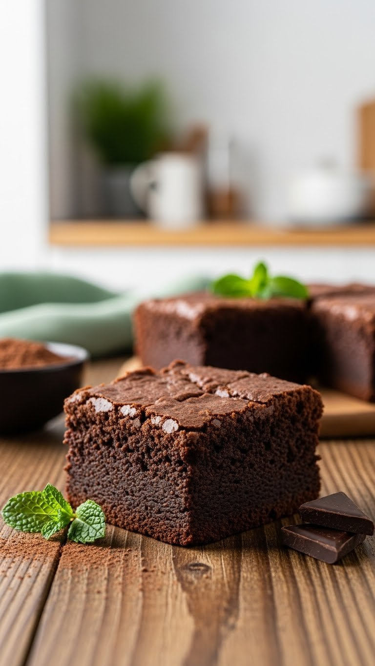 Close-Up Of Moist Chocolate Fudge Brownies On Rustic Wooden Table With Cocoa Powder Dusting And Natural Window Lighting