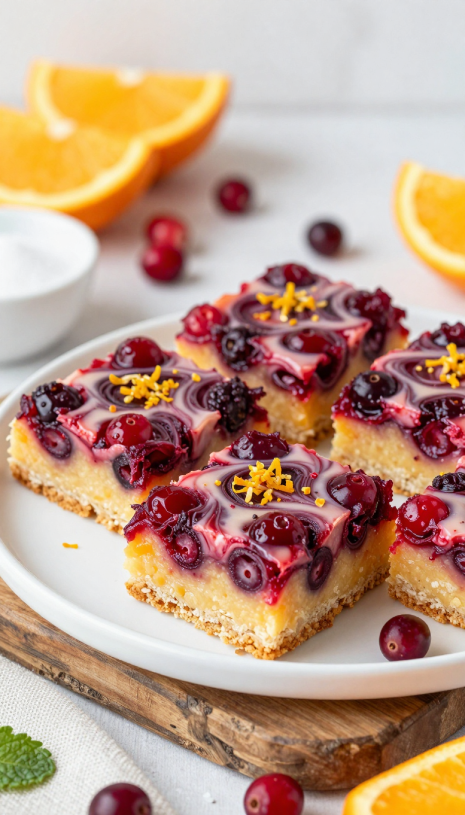 Close-Up Of Moist Cranberry Orange Swirl Bars With Citrus Glaze And Fresh Cranberries On Rustic Wooden Background