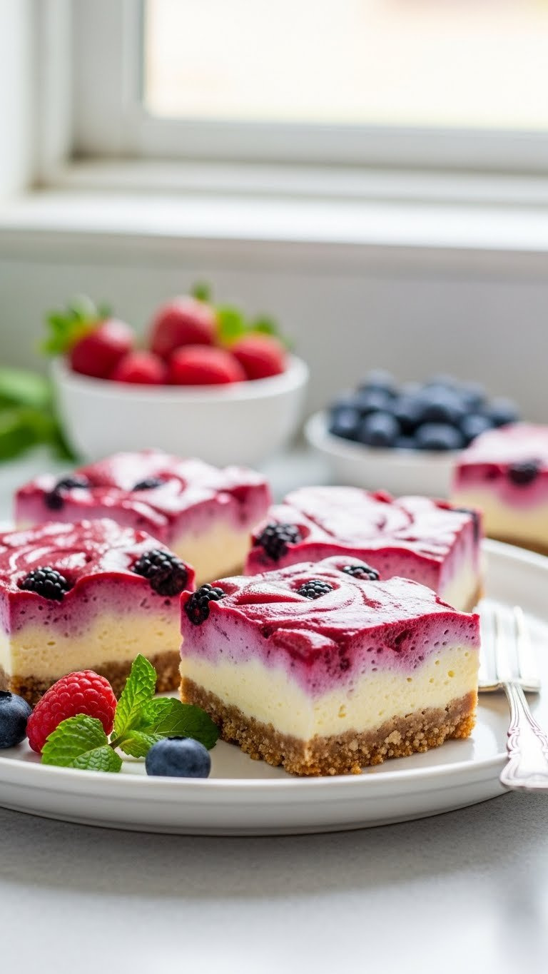 Close-Up Of No-Bake Berry Cheesecake Bars With Vibrant Berry Topping On White Ceramic Platter In Natural Kitchen Light.