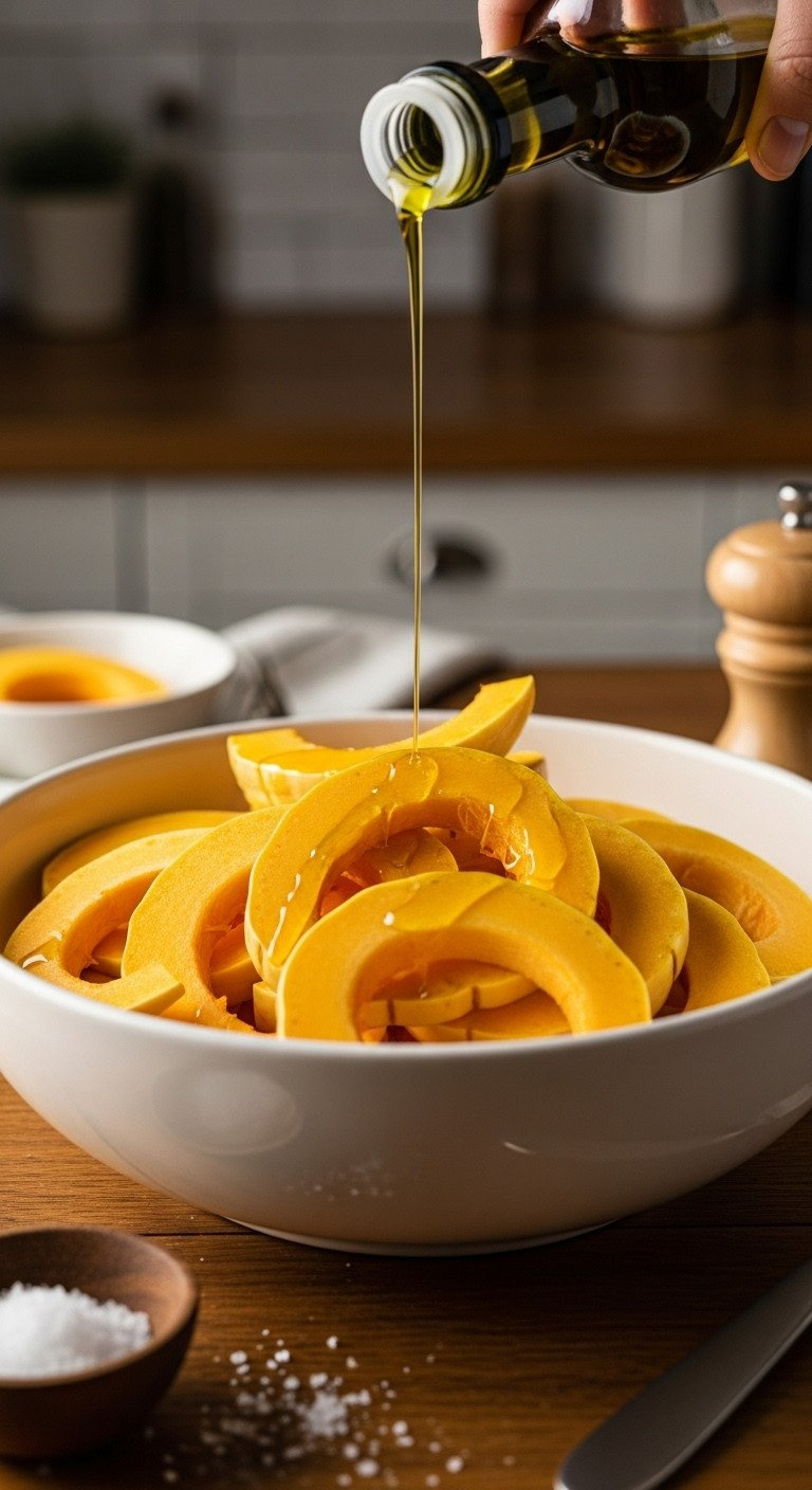 Close-Up Of Olive Oil Being Drizzled Over Fresh Delicata Squash Slices In A White Bowl On A Rustic Wooden Table.