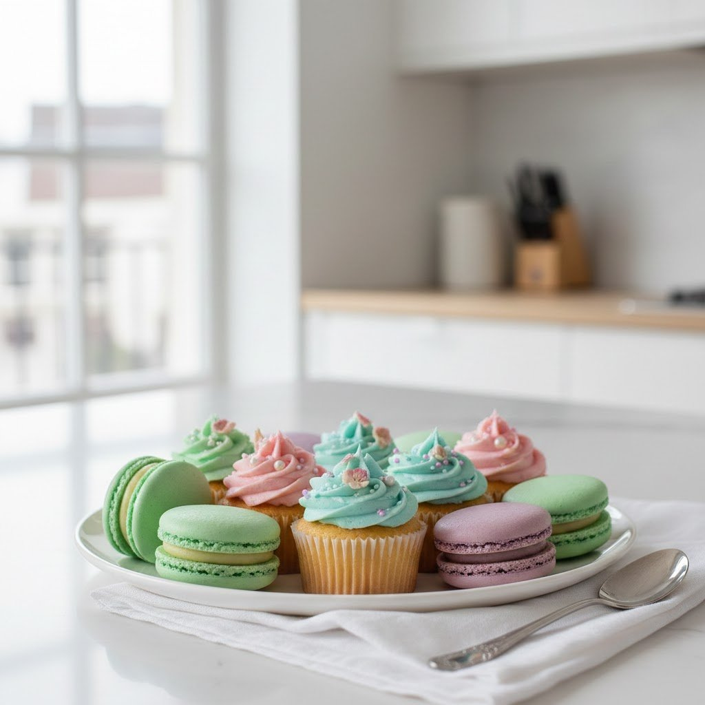 Close-Up Of Pastel-Colored Macarons And Cupcakes With Delicate Mint Green, Baby Blue, Pink, And Lavender Frosting On White Ceramic Plate