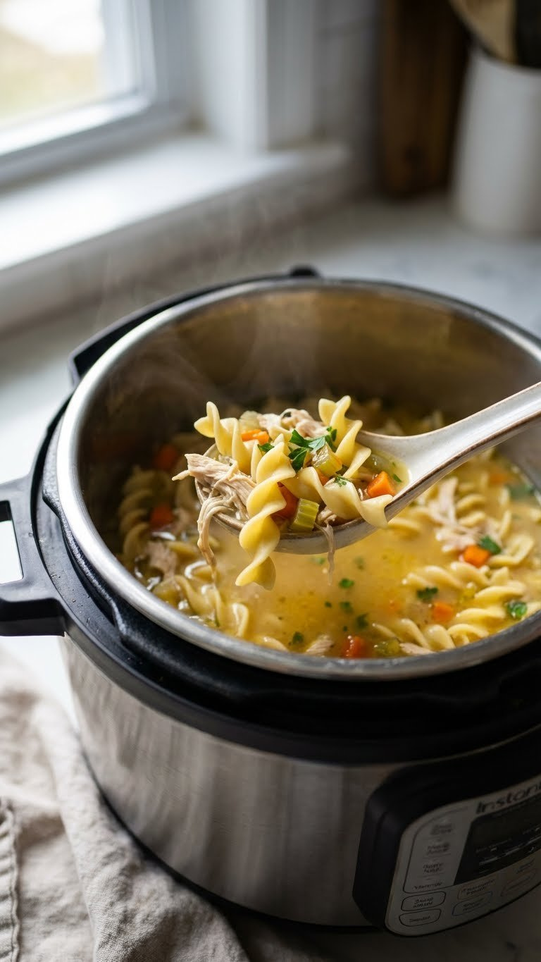 Close-Up Of Perfectly Al Dente Egg Noodles On A Spoon, Rising From Steaming Instant Pot Chicken Noodle Soup With Shredded Chicken.