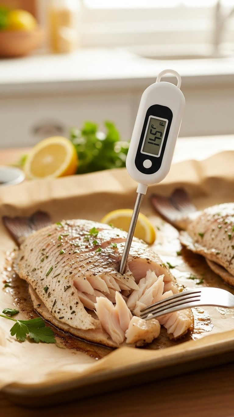Close-Up Of Perfectly Cooked Flaky Tilapia Fillet With Digital Meat Thermometer Showing 145°F Temperature