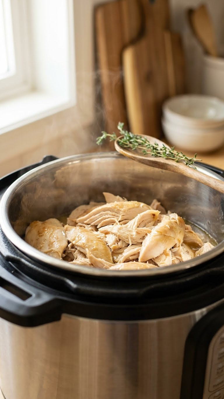 Close-Up Of Perfectly Cooked, Steaming Shredded Chicken Breast In A Stainless Steel Instant Pot Insert, Ready For Delicious Homemade Soup.