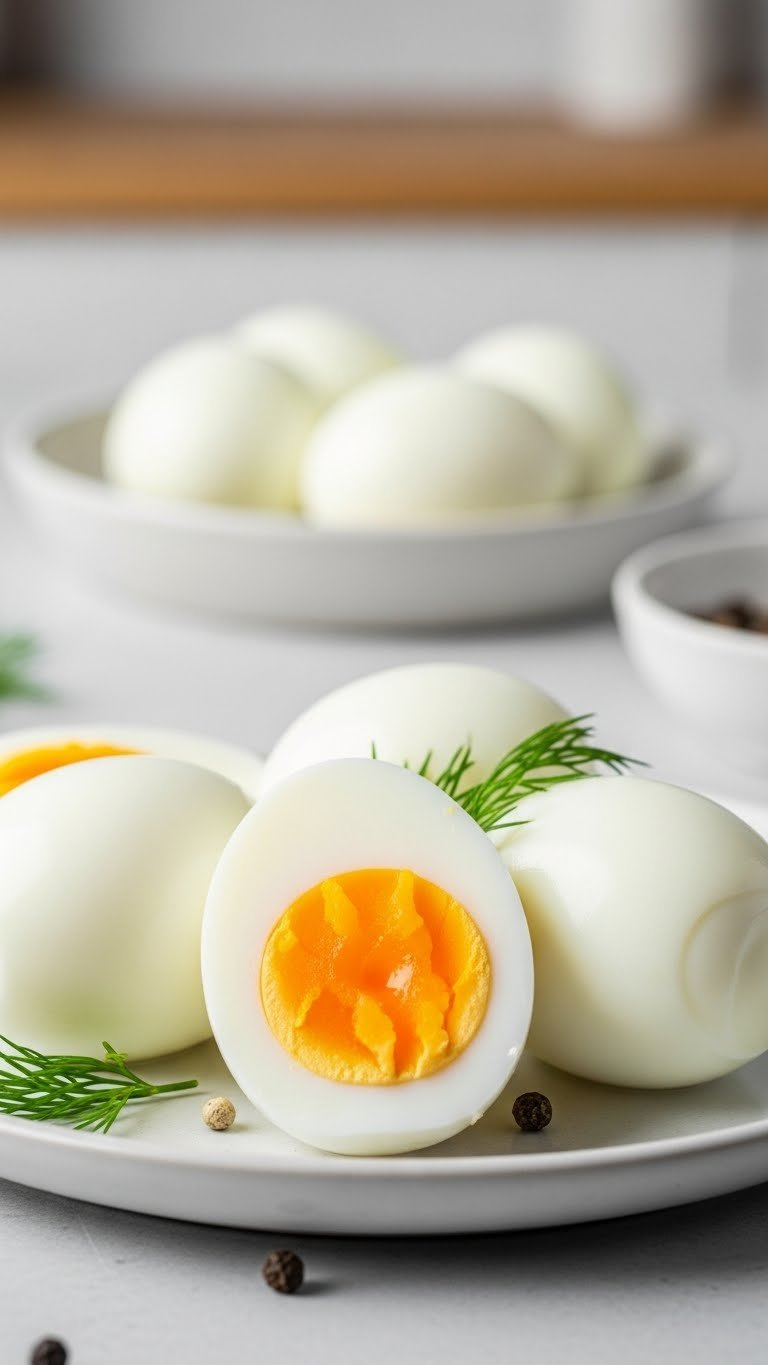 Close-Up Of Perfectly Peeled Hard-Boiled Eggs With Vibrant Yellow Yolk On White Ceramic Plate With Fresh Dill Garnish