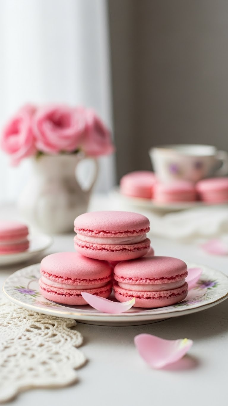 Close-Up Of Perfectly Piped Pink Macarons With Delicate Feet And Creamy Ganache Filling On Vintage Ceramic Plate With Lace Doily And Rose Petals.