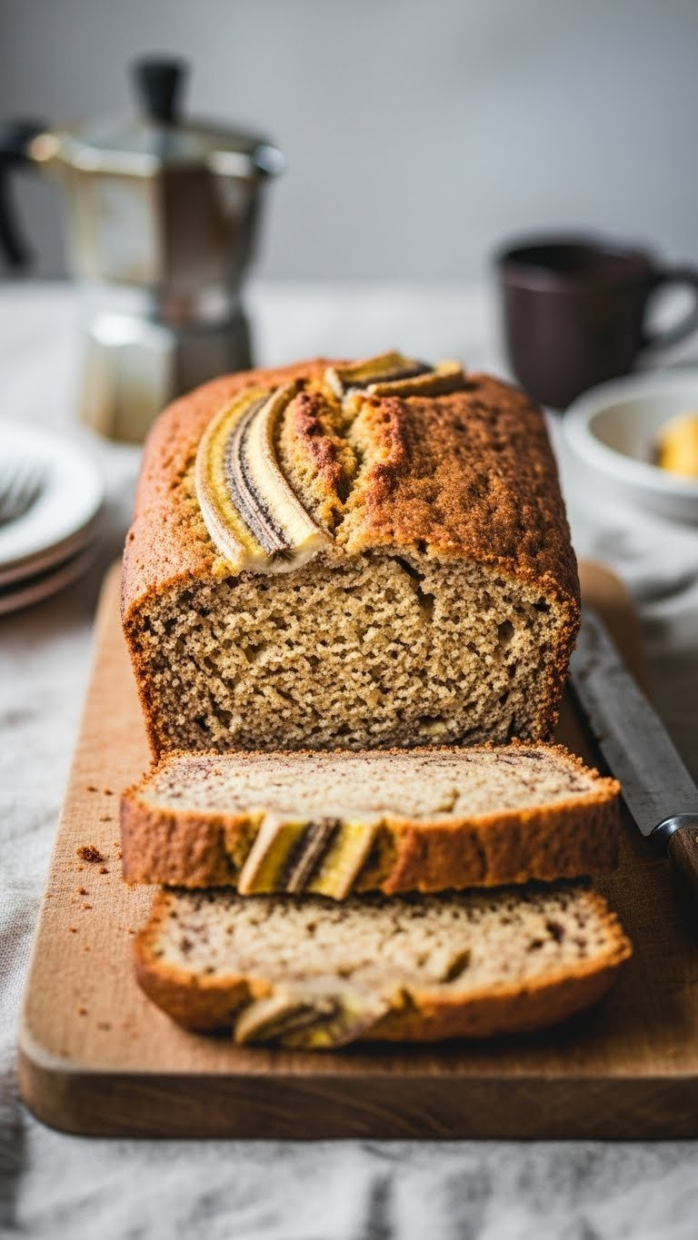 Close-Up Of Perfectly Risen, Sliced Vegan Banana Bread Loaf. Moist, Tender Crumb With Banana Pieces On A Wooden Board.