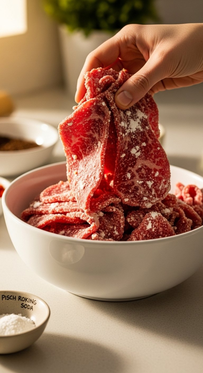 Close-Up Of Raw Beef Slices Being Marinated In A White Ceramic Bowl For The Velveting Cooking Technique.