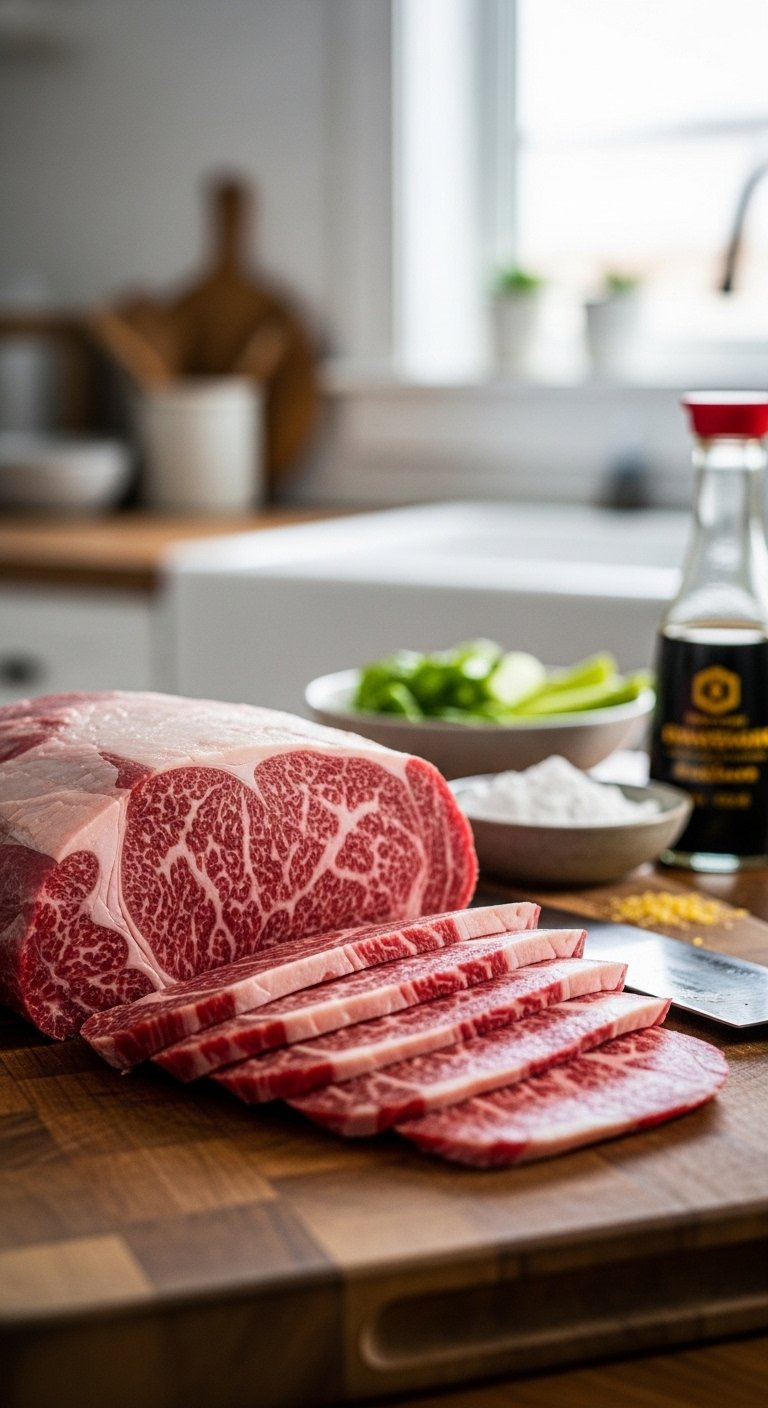 Close-Up Of Raw Flank Steak Sliced Thin Against The Grain On A Rustic Wooden Cutting Board.
