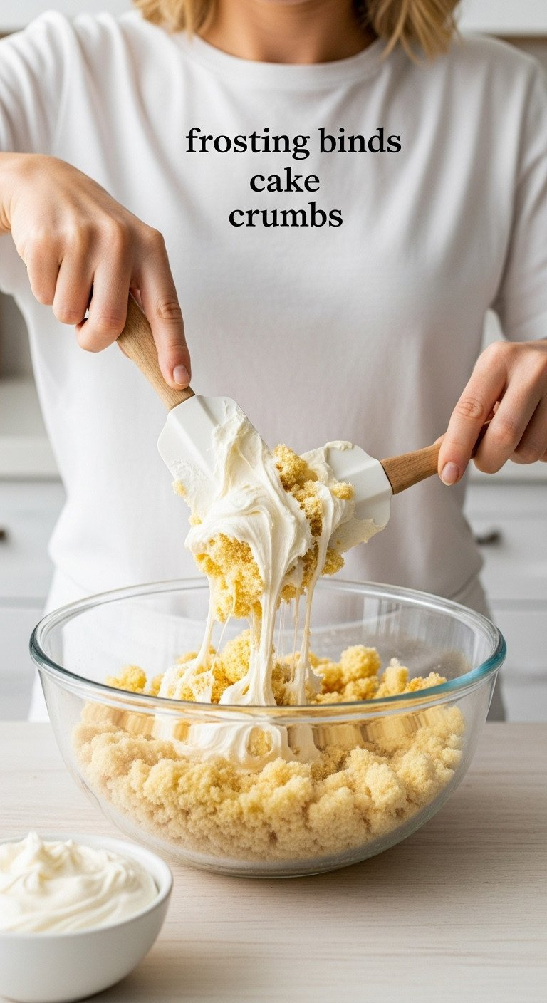 Close-Up Of Red Cake Crumbs Mixing With White Cream Cheese Frosting In A Glass Bowl Using A Spatula For Creamy Cake Pop Centers.