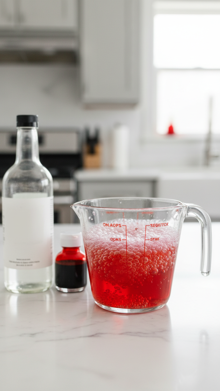 Close-Up Of Red Vinegar And Dish Soap Lava Mixture In Glass Measuring Cup On Marble Countertop
