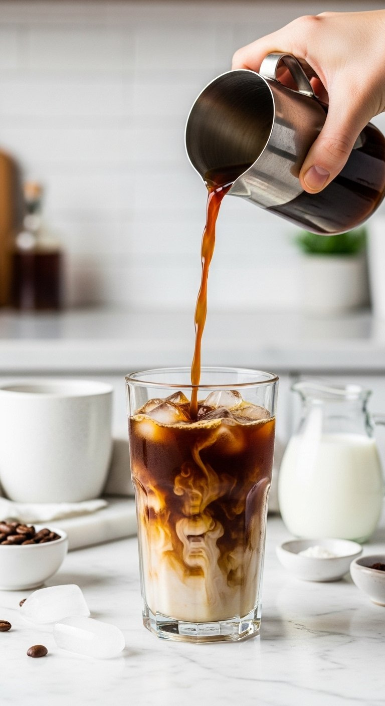 Close-Up Of Rich Cold Brewed Coffee Cascading Over Ice Into A Clear Glass On A Marble Countertop.
