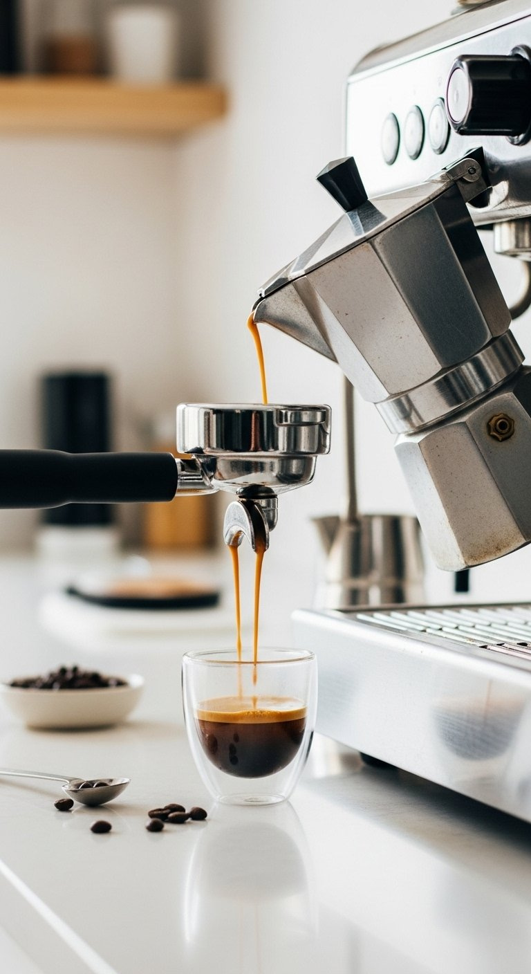 Close-Up Of Rich Dark Espresso Flowing Into A Glass Cup With Golden Crema Atop A Modern Espresso Machine In A Bright Kitchen.