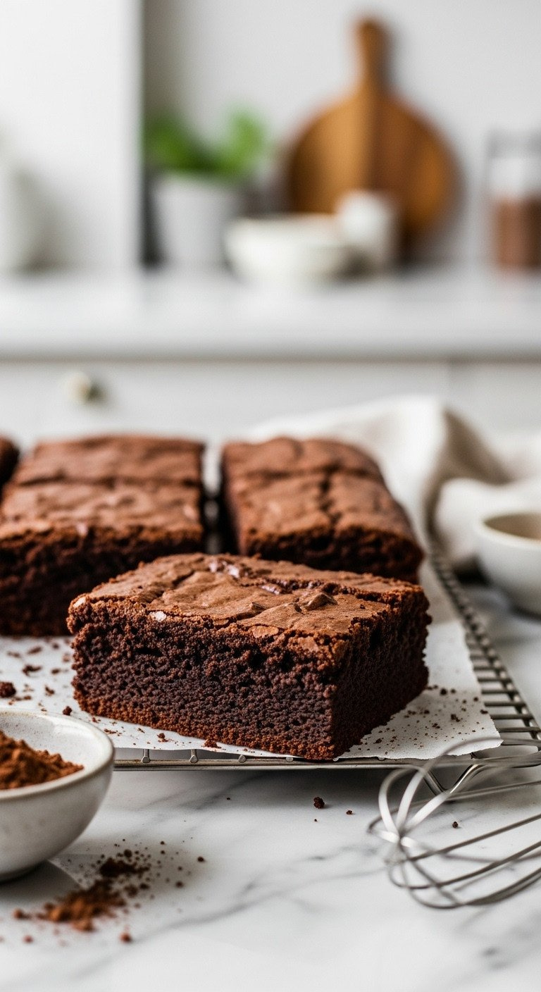 Close-Up Of Rich, Dark Fudgy Chocolate Brownies With Crinkly Tops Cooling On A Rack On A Marble Counter, Cocoa Powder &Amp; Whisk.