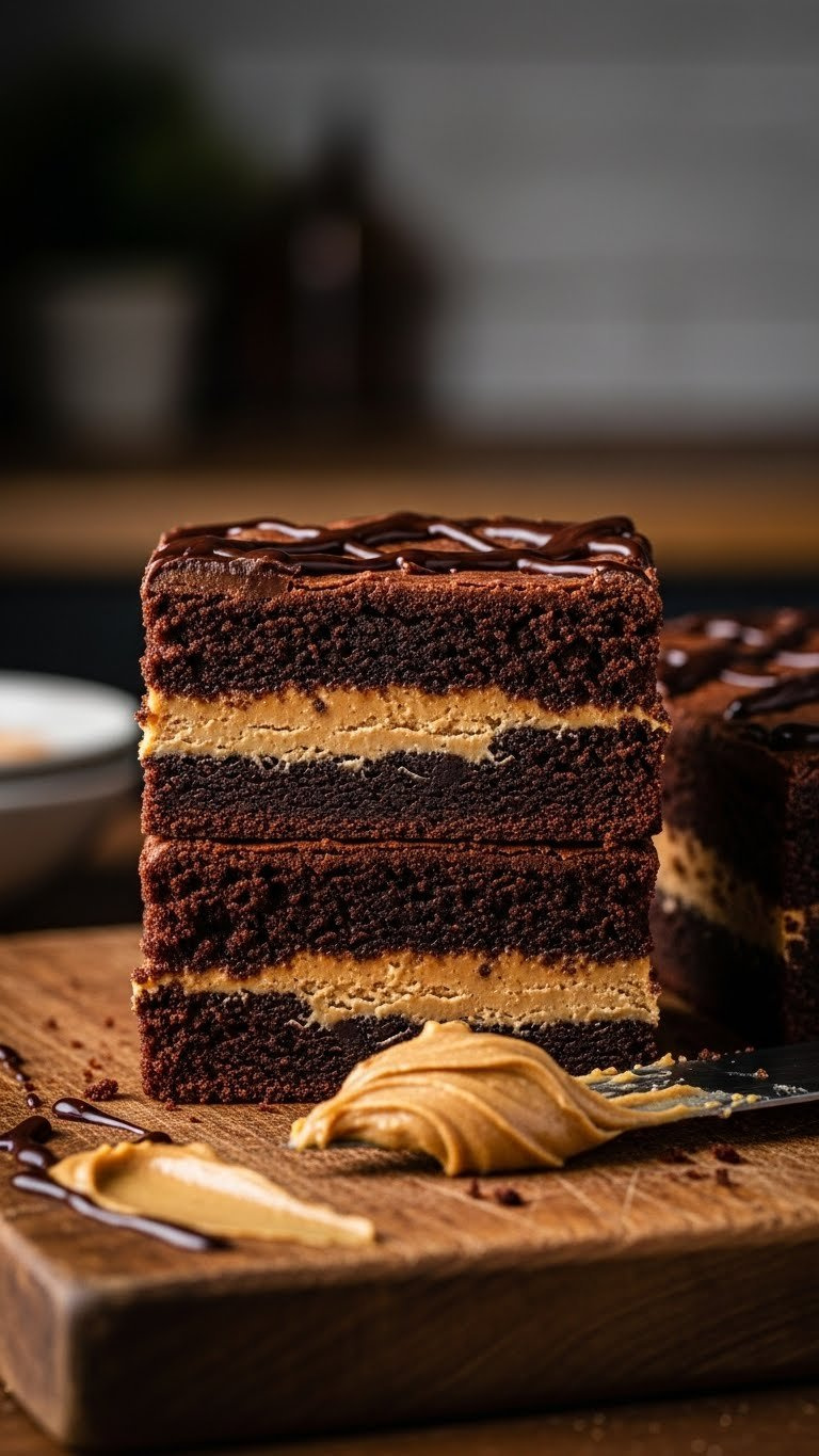 Close-Up Of Rich Fudgy Chocolate Peanut Butter Brownies, Clearly Showing Creamy Layered Filling, On Rustic Wooden Board.