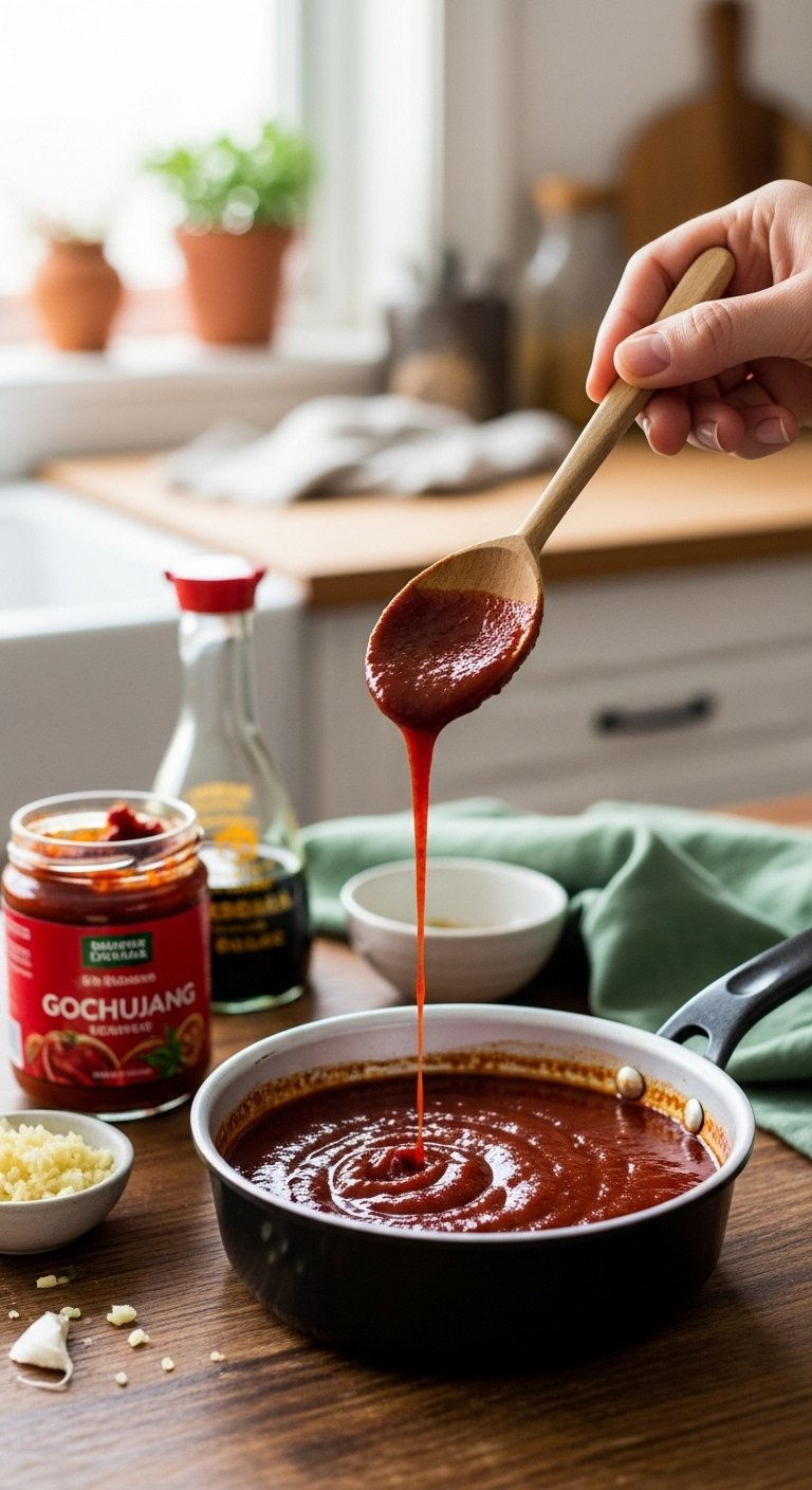 Close-Up Of Rich Red Gochujang Sauce Simmering In A Dark Enamel Saucepan With A Wooden Spoon.