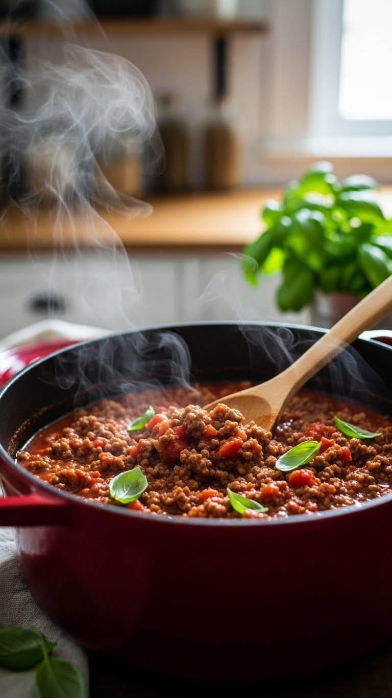 Close-Up Of Rich Tomato Sauce Simmering In Rustic Cast-Iron Pot With Ground Beef And Italian Sausage, Steam Rising With Fresh Basil Garnish.