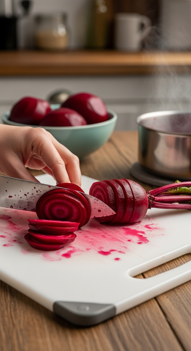 Close Up Of Ruby Red Cooked Beets Being Sliced Into Uniform Rounds On A White Cutting Board With A Chef Knife On A Rustic Wooden Table