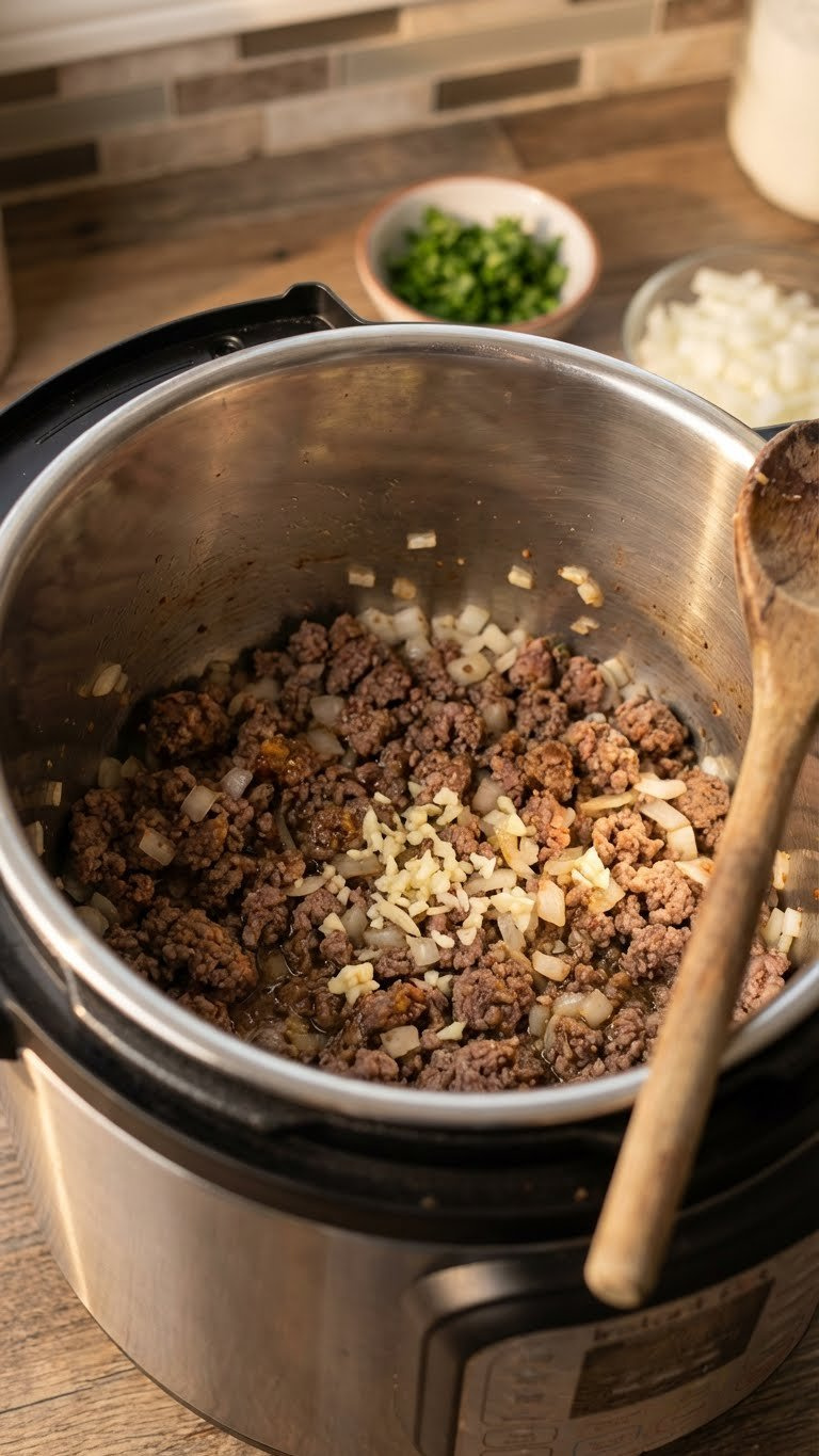 Close-Up Of Seasoned Ground Beef, Diced Onions, And Garlic Sizzling In A Stainless Steel Instant Pot Under Warm Light, Perfect For A Hearty Recipe.