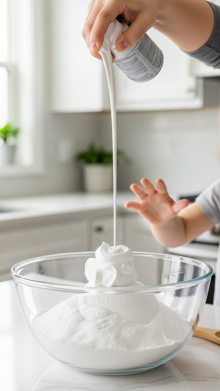 Close-Up Of Shaving Cream Being Sprayed Onto Baking Soda Mound In Glass Bowl Showing Fluffy Texture Formation