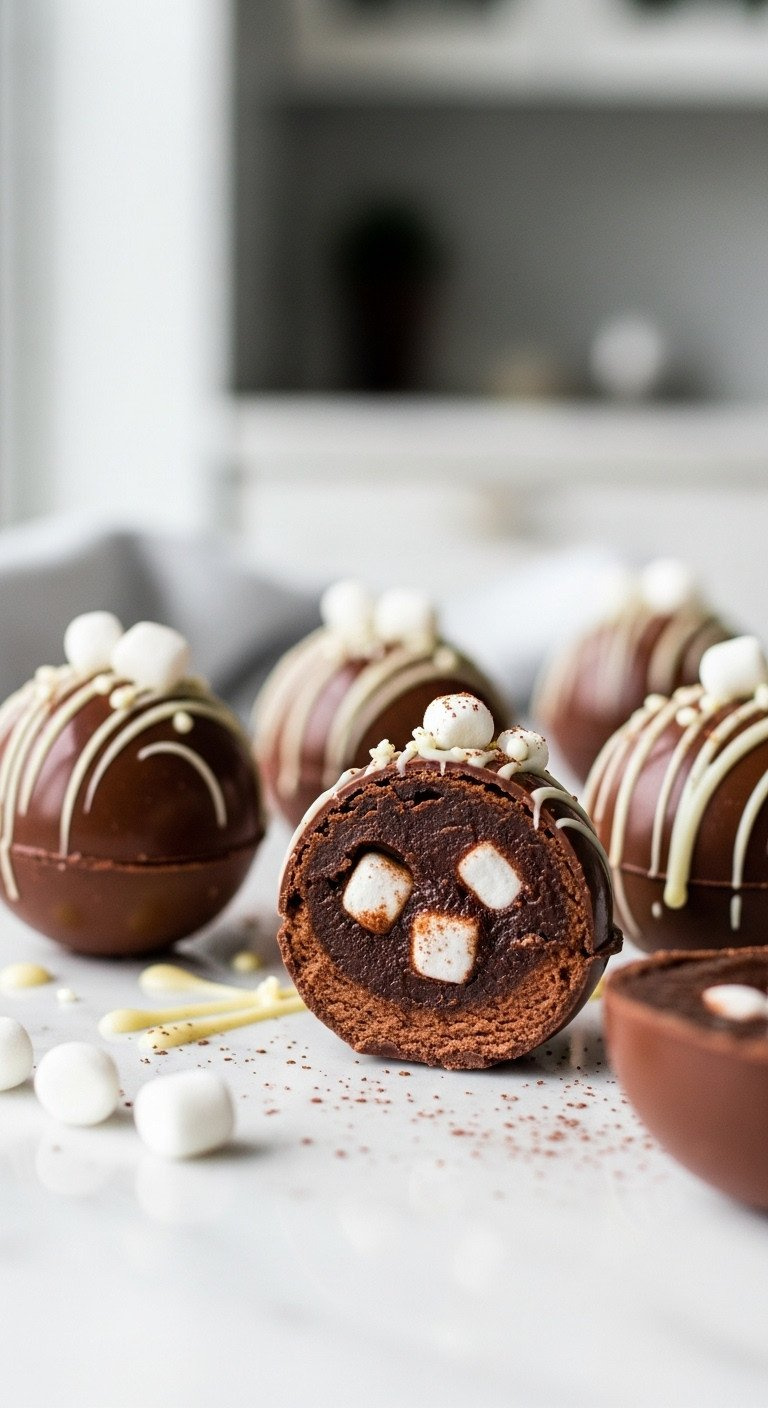 Close-Up Of Shiny Chocolate Hot Cocoa Bombs On A Marble Counter, One Cut Open To Show Marshmallows And Cocoa Powder Inside.