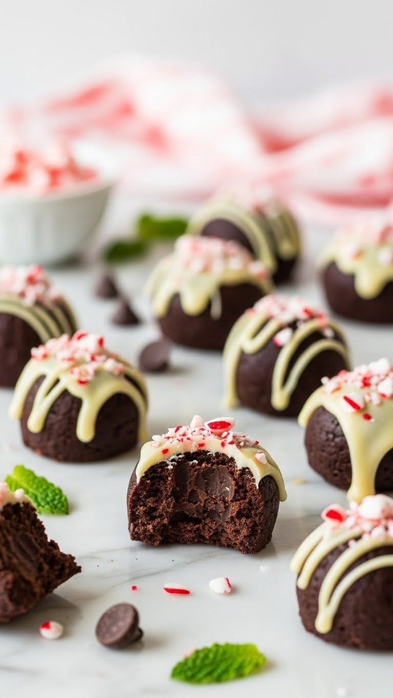 Close-Up Of Shiny Dark Chocolate Peppermint Bites Drizzled With Icing And Crushed Candy Canes On Marble Countertop