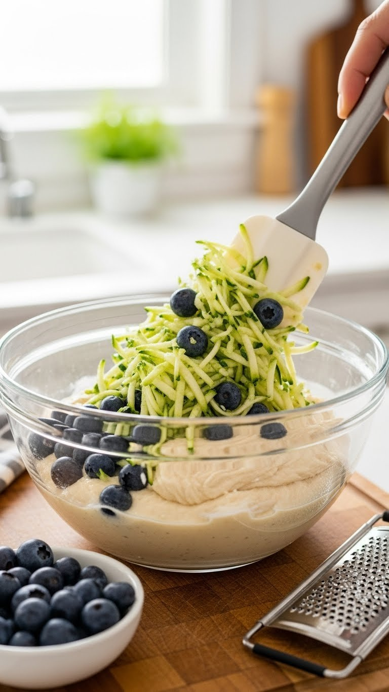Close-Up Of Shredded Zucchini And Blueberries Being Folded Into Blueberry Zucchini Bread Batter With Silicone Spatula